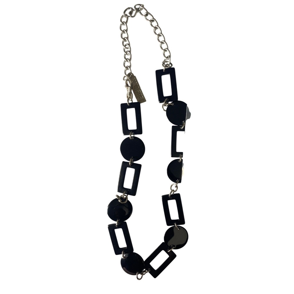 Valerie Stevens Black Geometric Resin Statement Necklace Silver Tone Chain 22 In